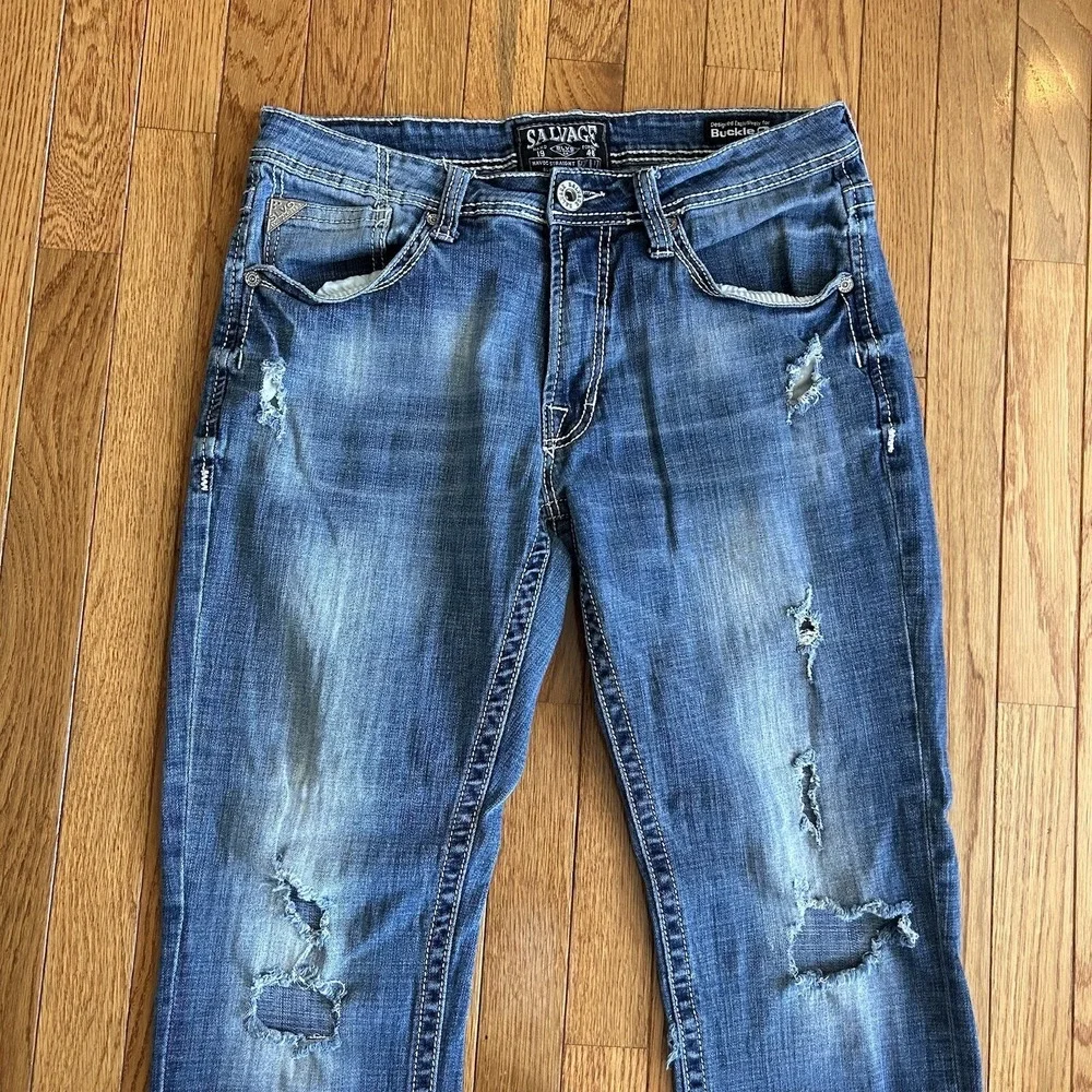 Salvage by Buckle Havoc Slim Straight Mens Jeans Size 34R Blue Distressed FLAWS‎